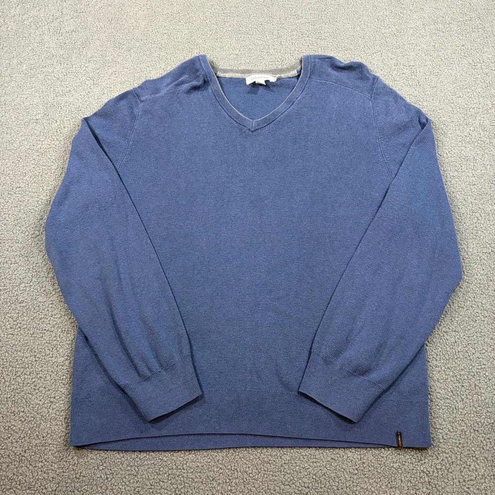 Calvin Klein Sweater Mens Large Blue V-Neck Cotton Modal Knit Pullover Classic